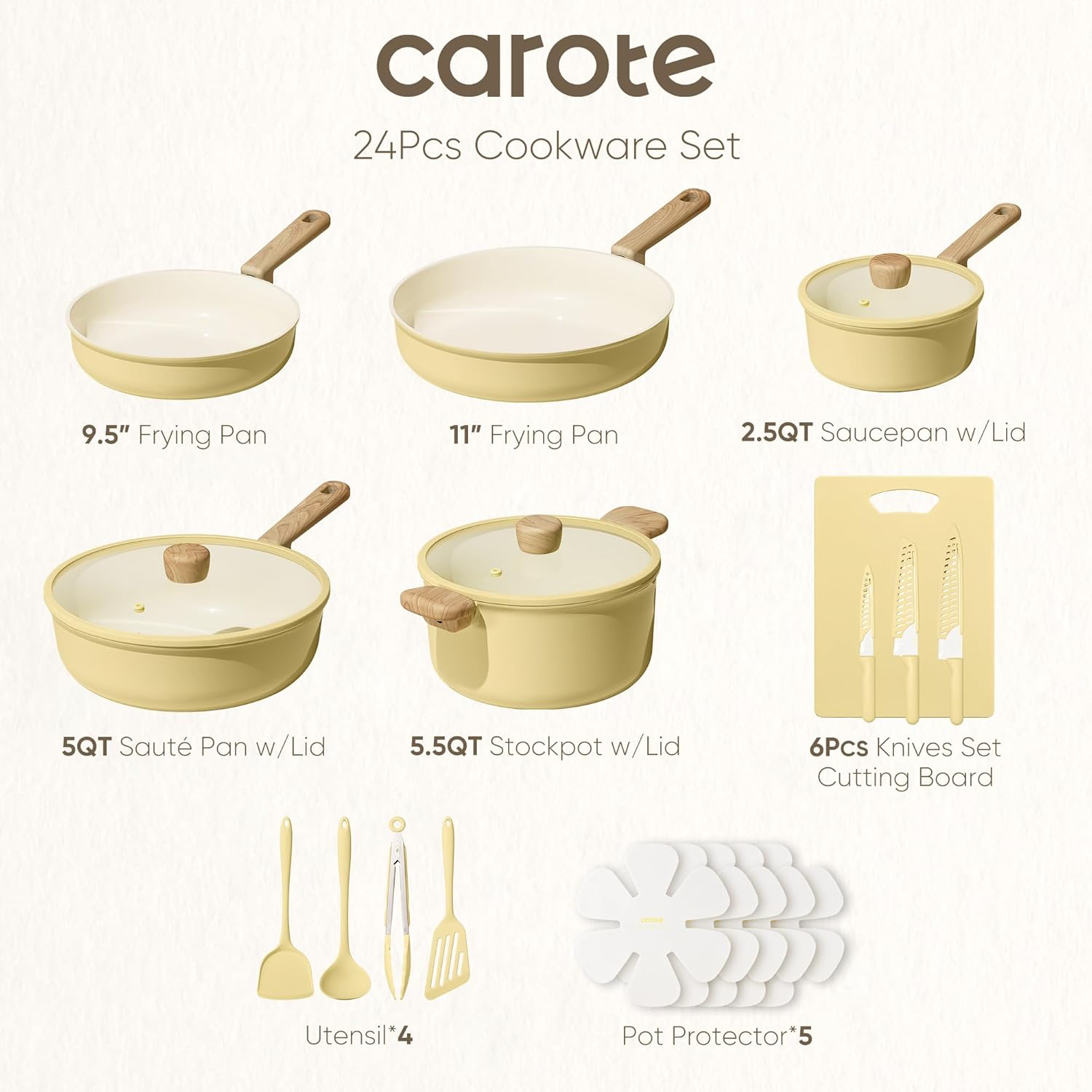 CAROTE  Ceramic Cookware Set, Pots and Pans Non Stick Kitchen Cookware Sets, Pots and Pans Set Cooking Set with Knife Set