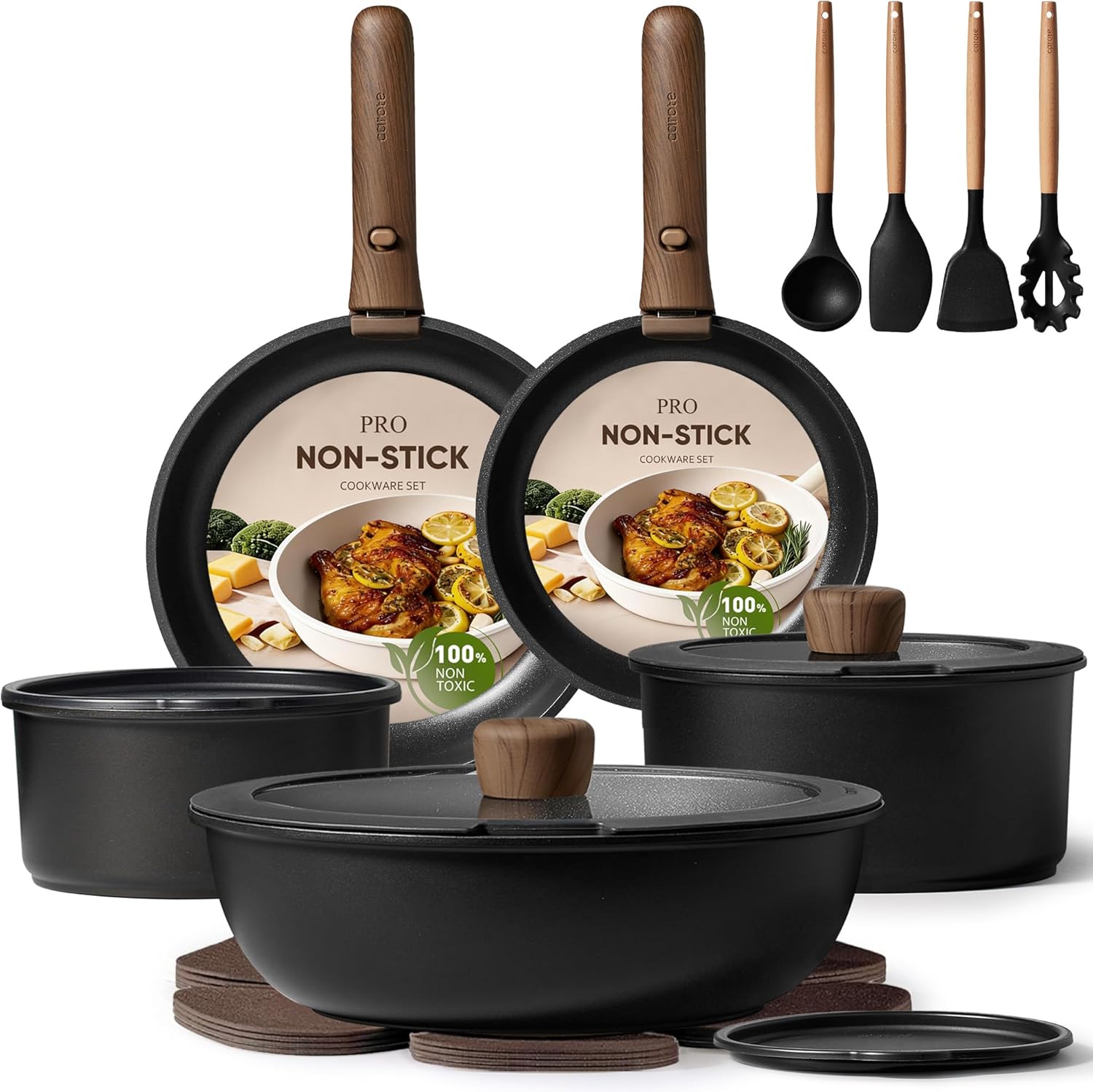 CAROTE Pots and Pans Non Stick, Cookware Sets Detachable Handle, Induction Kitchen Pots and Pans,NonStick Cooking Set, Oven/Dishwasher/Fridge Safe, Space Saving