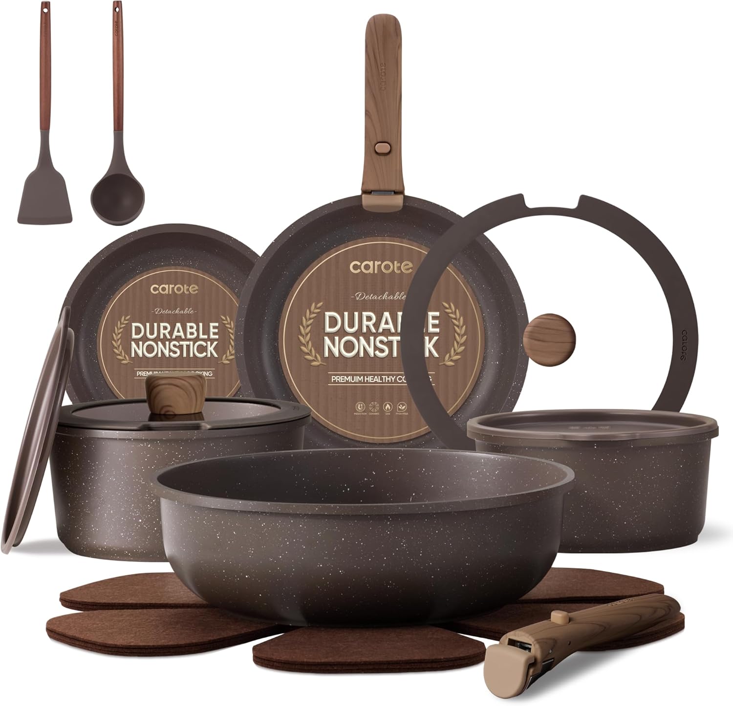 CAROTE Pots and Pans Set Non Stick with Detachable Handle, Nonstick Cookware Sets, Cooking Kitchen Set, Oven/Dishwasher Safe, Induction Cookware, Brown, RV Kitchen Pot and Pan