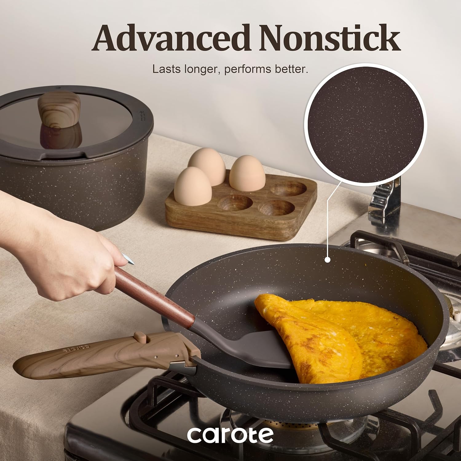CAROTE Pots and Pans Set Non Stick with Detachable Handle, Nonstick Cookware Sets, Cooking Kitchen Set, Oven/Dishwasher Safe, Induction Cookware, Brown, RV Kitchen Pot and Pan