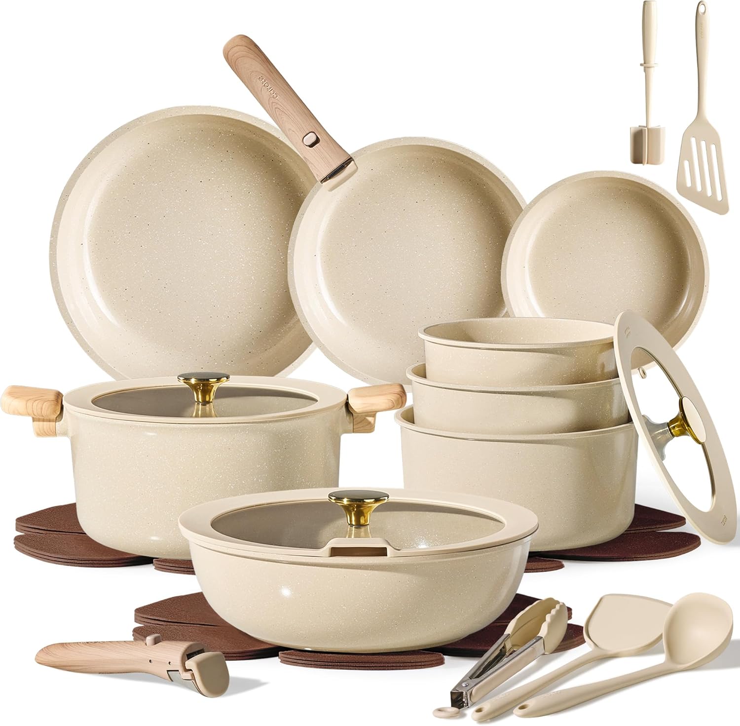 CAROTE Ceramic Cookware Set, Pots and Pans set Non Stick, RV Kitchen Cooking Set Removable Handles, Oven Safe, Induction Cookware, Non-toxic Kitchen Cooking Set, PFAS and PFOA Free