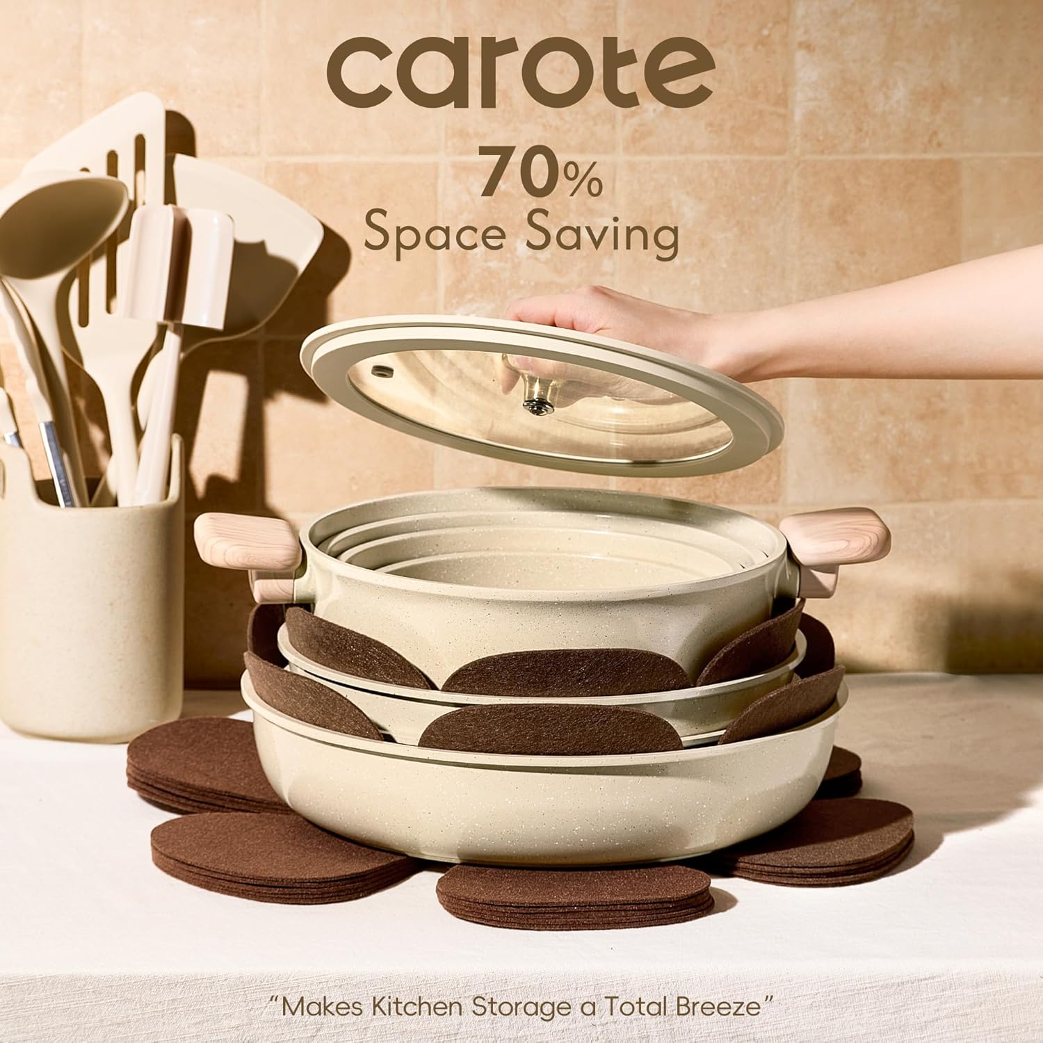 CAROTE Ceramic Cookware Set, Pots and Pans set Non Stick, RV Kitchen Cooking Set Removable Handles, Oven Safe, Induction Cookware, Non-toxic Kitchen Cooking Set, PFAS and PFOA Free