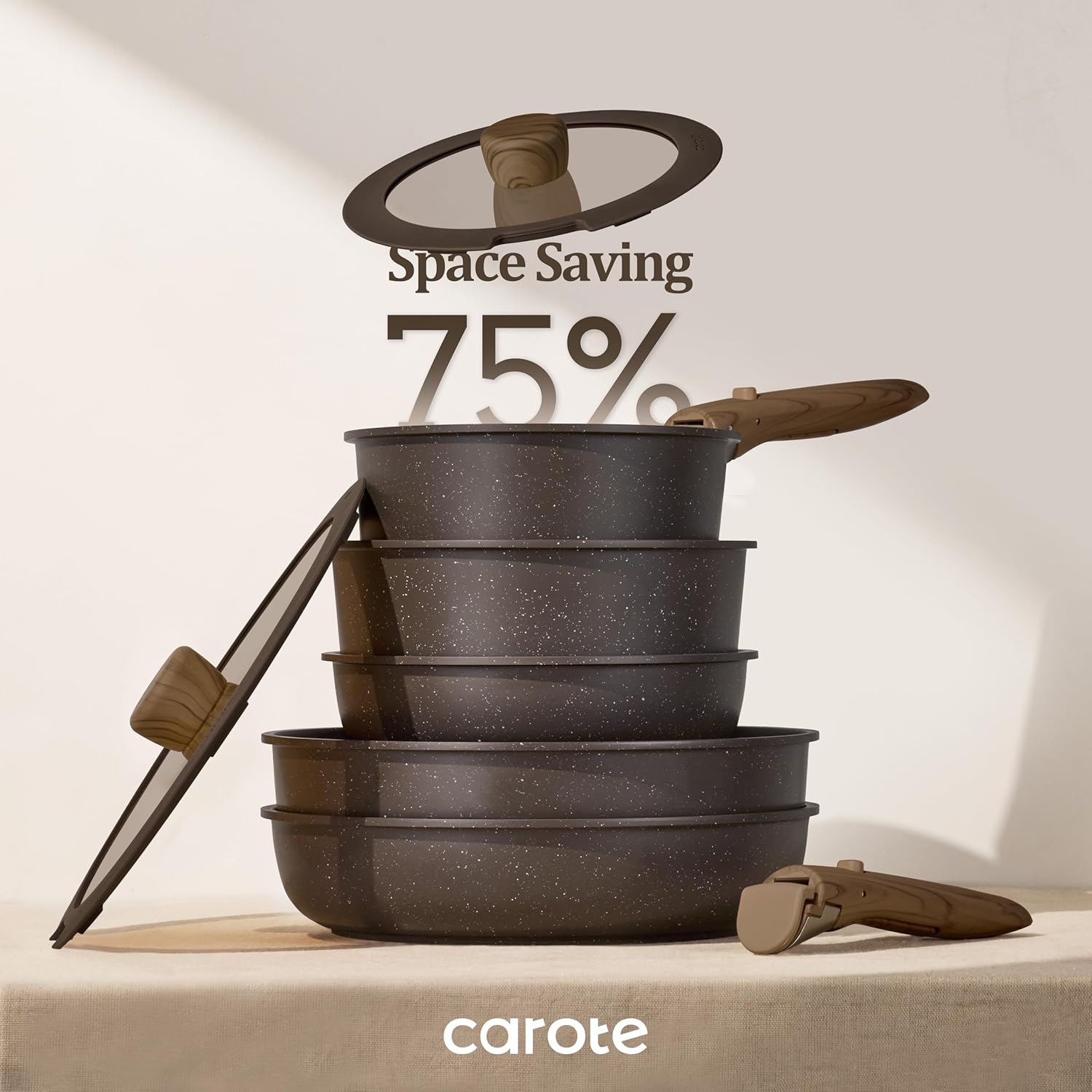CAROTE Pots and Pans Set Non Stick with Detachable Handle, Nonstick Cookware Sets, Cooking Kitchen Set, Oven/Dishwasher Safe, Induction Cookware, Brown, RV Kitchen Pot and Pan