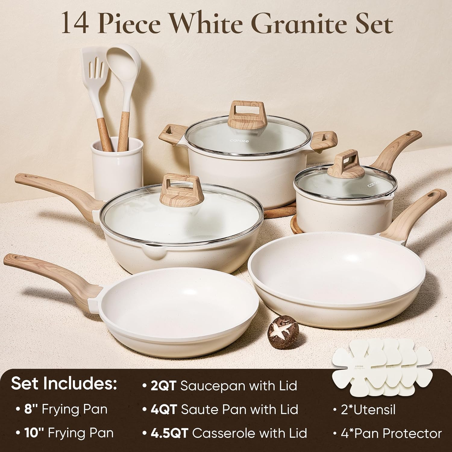 CAROTE 14Pcs Pots and Pans Set Non Stick, Cookware Sets Induction Cookware Granite Cooking Set with Frying Pans, Saucepans, Saute Pan, Extra Large Casserole