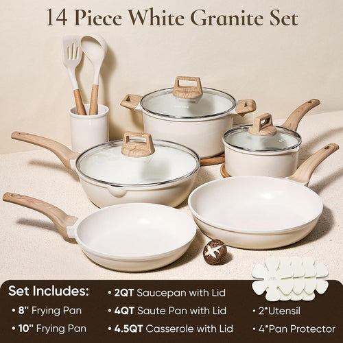 CAROTE 14Pcs Pots and Pans Set Non Stick, Cookware Sets Induction Cookware Granite Cooking Set with Frying Pans, Saucepans, Saute Pan, Extra Large Casserole
