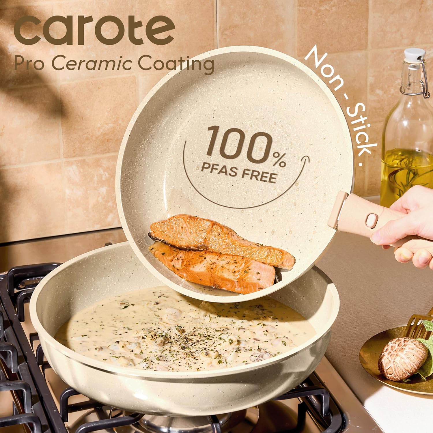 CAROTE Ceramic Cookware Set, Pots and Pans set Non Stick, RV Kitchen Cooking Set Removable Handles, Oven Safe, Induction Cookware, Non-toxic Kitchen Cooking Set, PFAS and PFOA Free