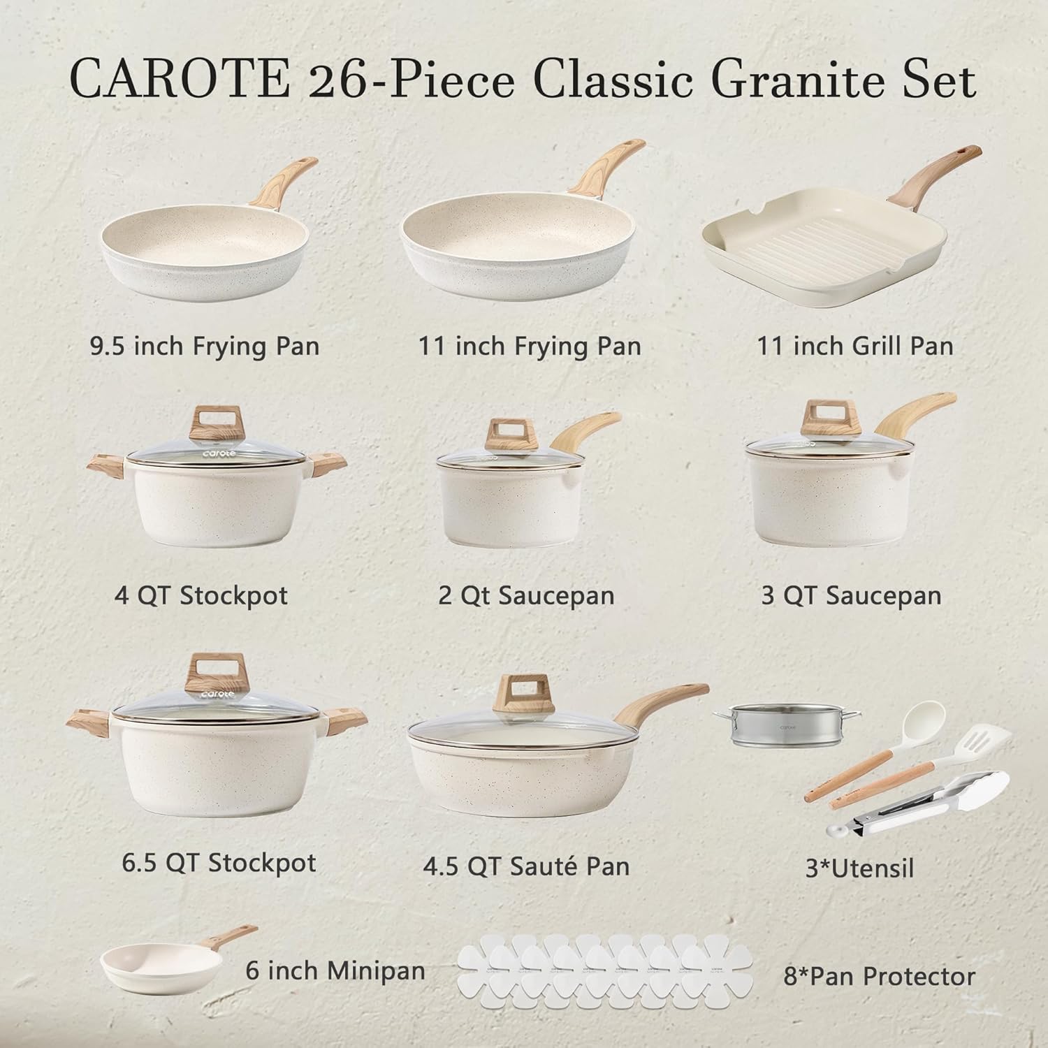 CAROTE Pots and Pans Set Nonstick, Cookware Set Induction Kitchen Cooking Set w/Frying Pans & Saucepans& Grill Pan