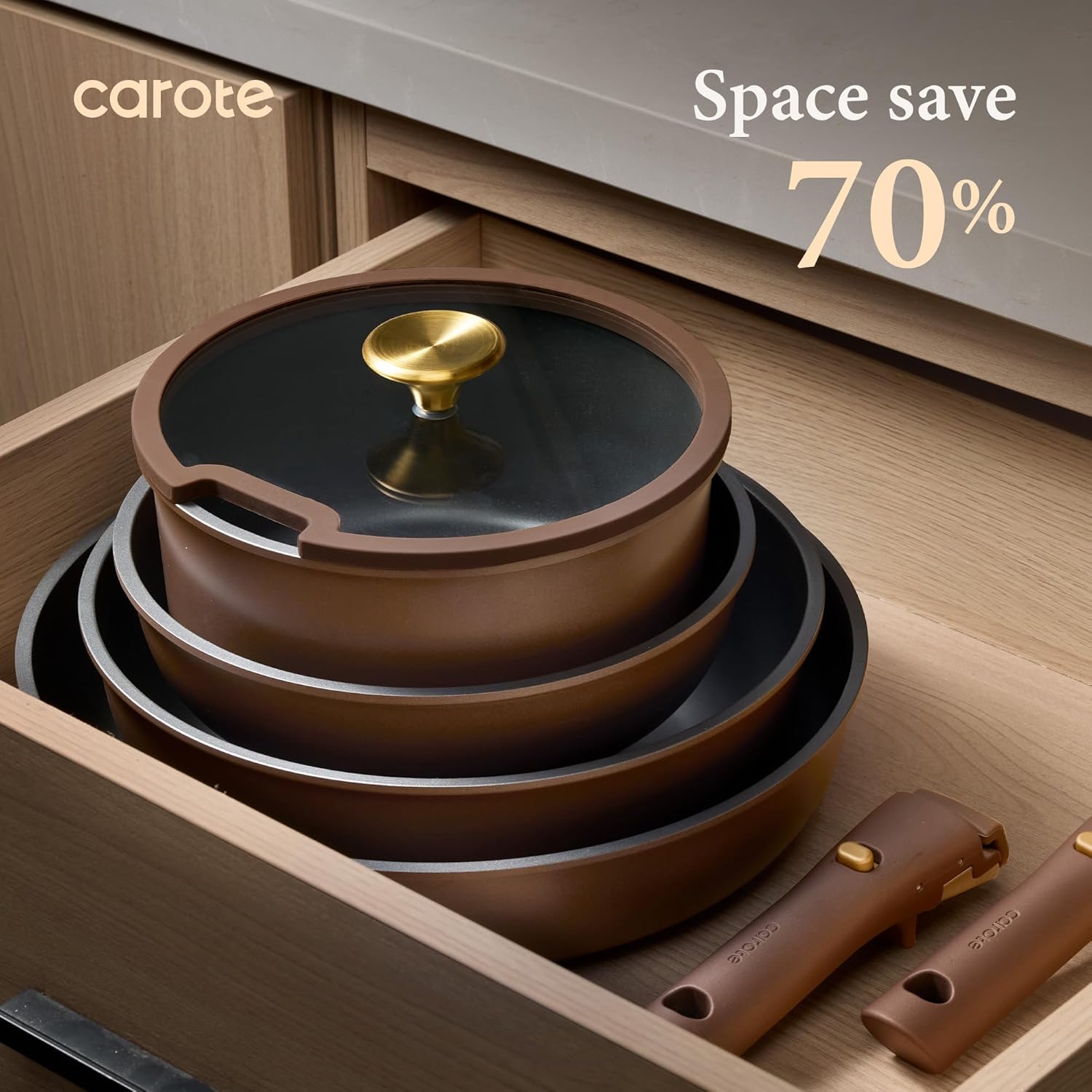 CAROTE Pots and Pans Set, Nonstick Cookware Set Detachable Handle, Induction Kitchen Cookware Sets Non Stick with Removable Handle, RV Cookware Set, Oven Safe, Brown