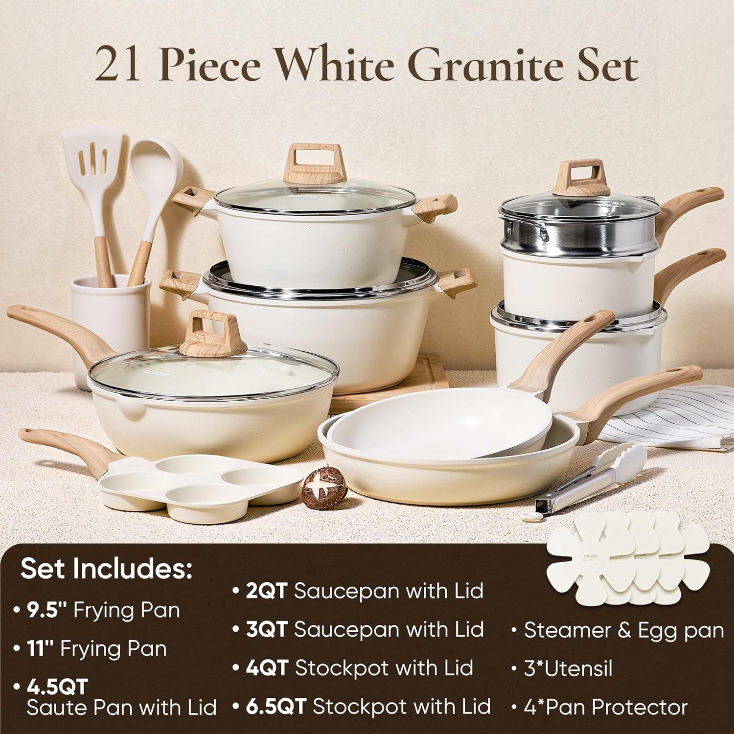 CAROTE Pots and Pans Set, Nonstick Cookware Sets, White Granite Induction Cookware Non Stick Cooking Set w/Frying Pans & Saucepans(PFOS, PFOA Free