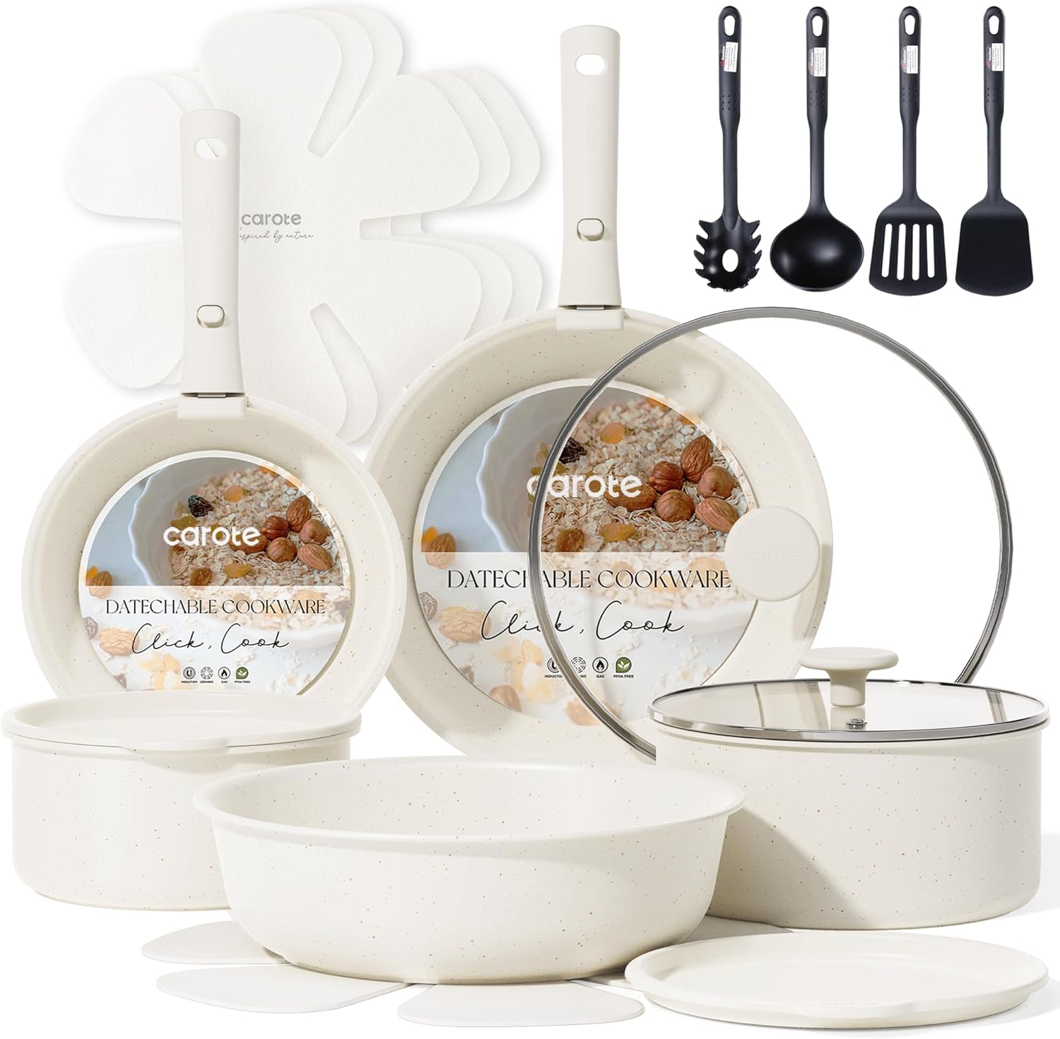 CAROTE 19pcs Pots and Pans Set Non Stick, Nonstick Cookware Set Detachable Handle, Induction Kitchen Cooking Sets with Removable Handle, RV Kitchen, Oven Safe, Taupe