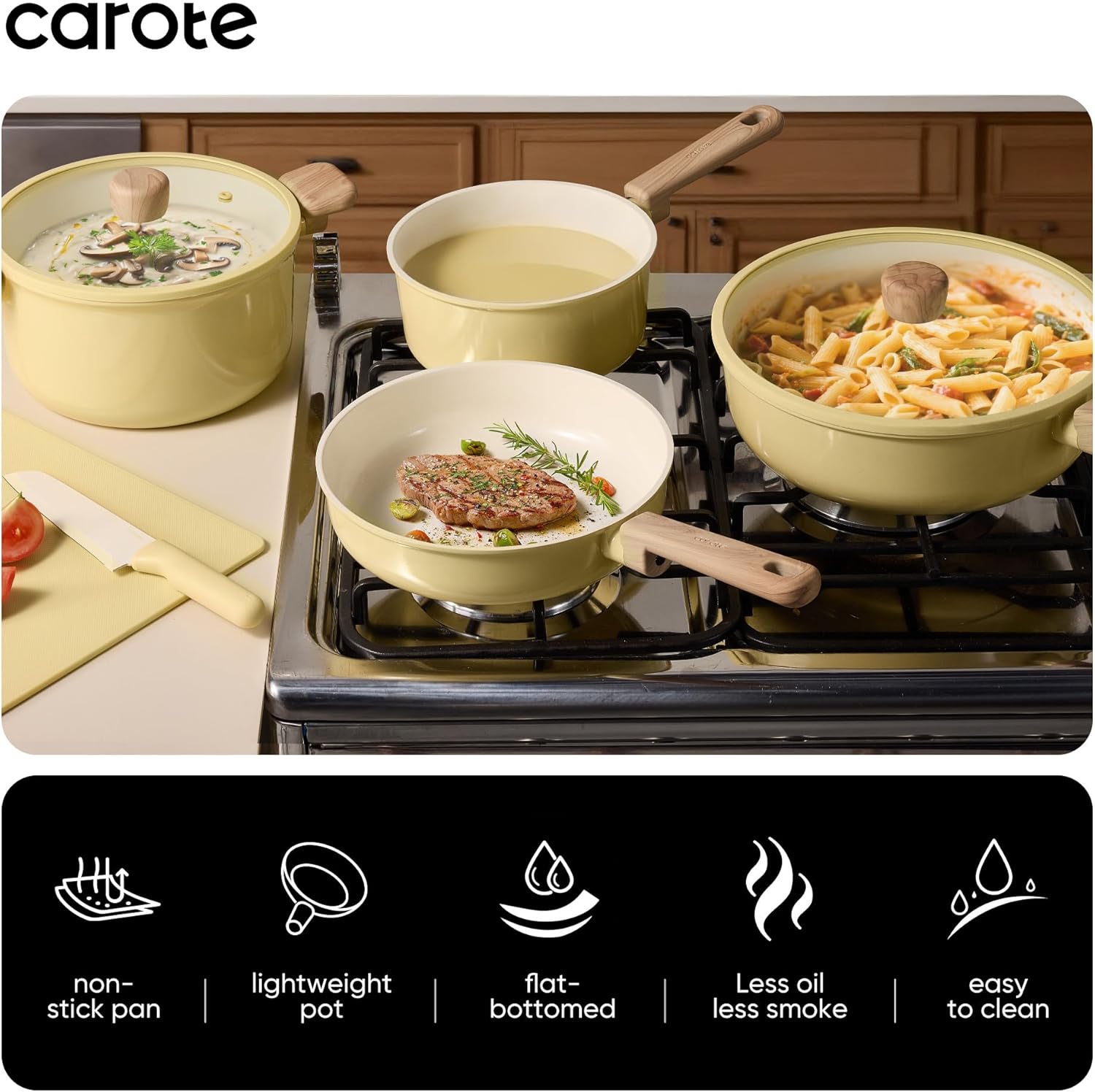 CAROTE  Ceramic Cookware Set, Pots and Pans Non Stick Kitchen Cookware Sets, Pots and Pans Set Cooking Set with Knife Set