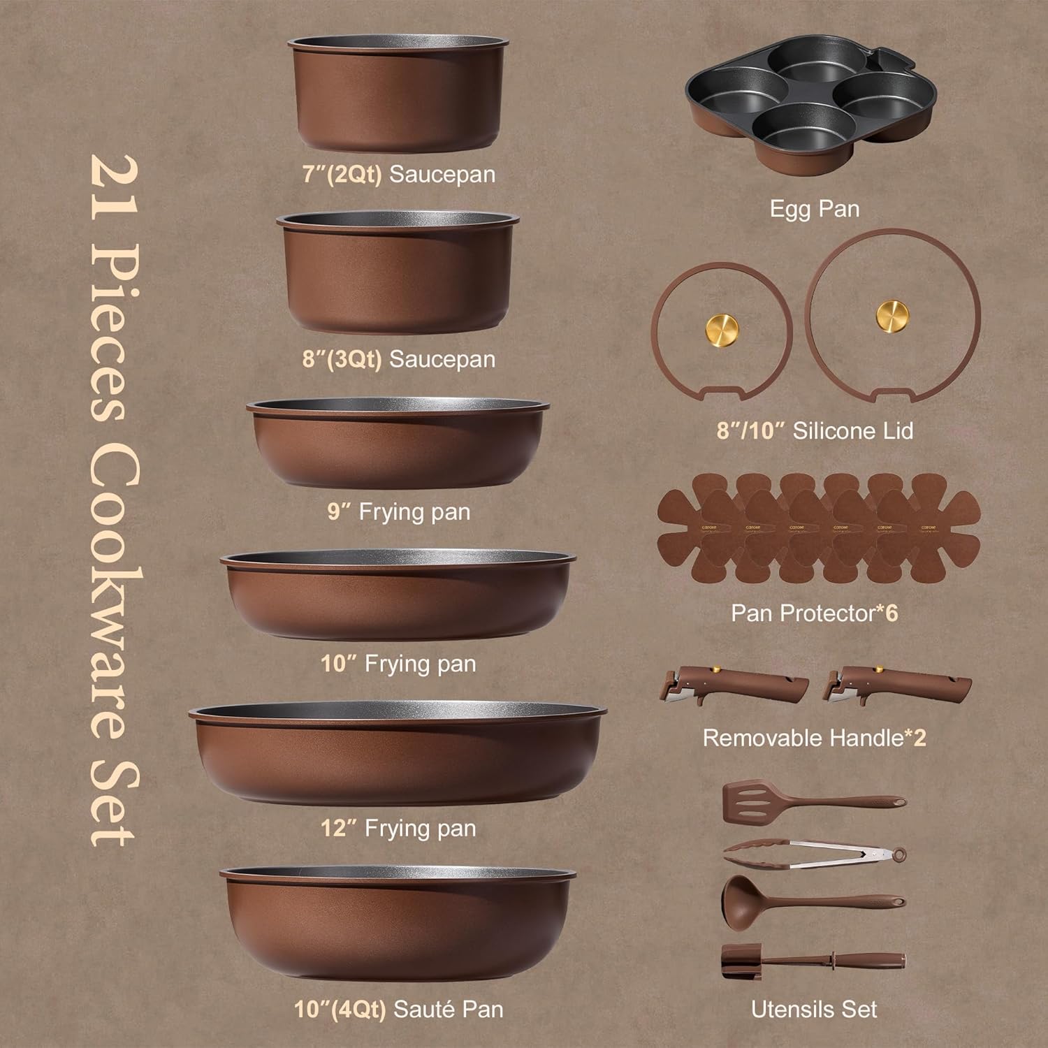 CAROTE Pots and Pans Set, Nonstick Cookware Set Detachable Handle, Induction Kitchen Cookware Sets Non Stick with Removable Handle, RV Cookware Set, Oven Safe, Brown