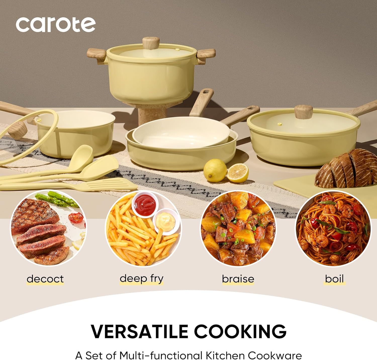 CAROTE  Ceramic Cookware Set, Pots and Pans Non Stick Kitchen Cookware Sets, Pots and Pans Set Cooking Set with Knife Set