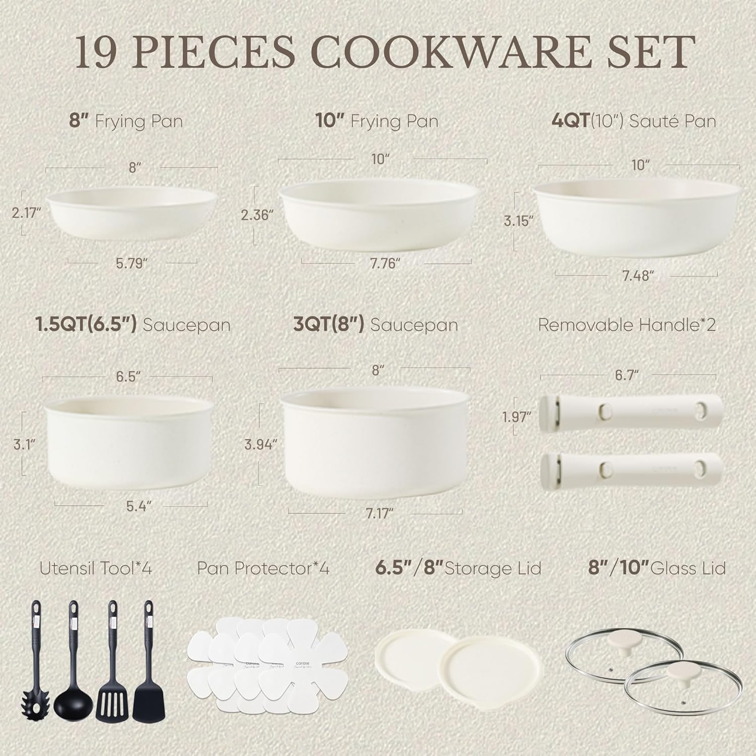 CAROTE 19pcs Pots and Pans Set Non Stick, Nonstick Cookware Set Detachable Handle, Induction Kitchen Cooking Sets with Removable Handle, RV Kitchen, Oven Safe, Taupe