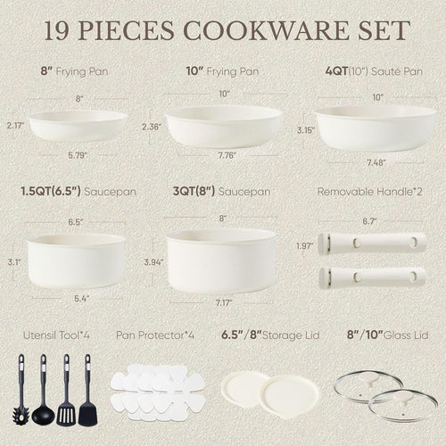 CAROTE 19pcs Pots and Pans Set Non Stick, Nonstick Cookware Set Detachable Handle, Induction Kitchen Cooking Sets with Removable Handle, RV Kitchen, Oven Safe, Taupe