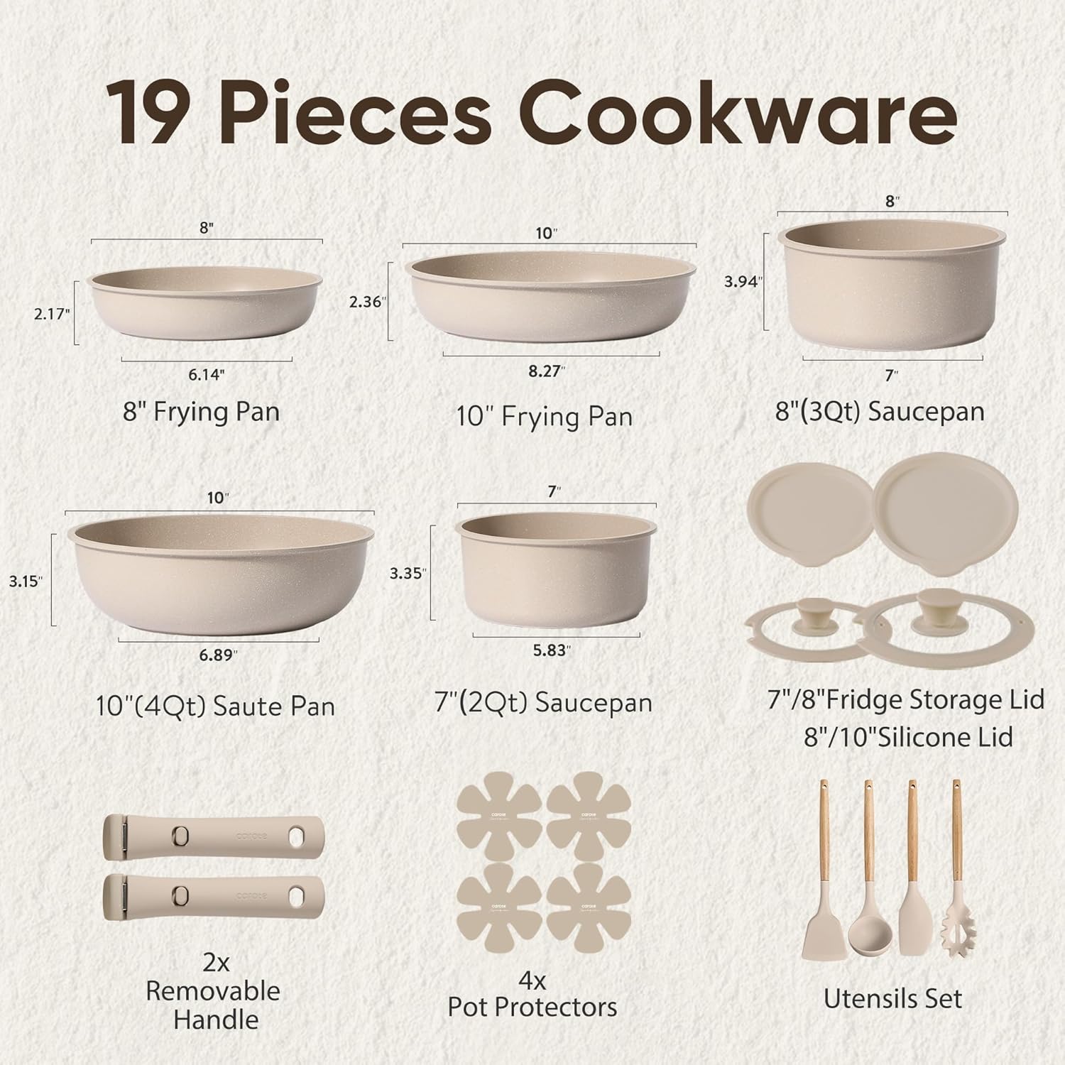CAROTE 19pcs Pots and Pans Set Non Stick, Nonstick Cookware Set Detachable Handle, Induction Kitchen Cooking Sets with Removable Handle, RV Kitchen, Oven Safe, Taupe