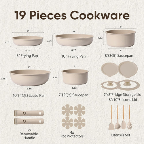 CAROTE 19pcs Pots and Pans Set Non Stick, Nonstick Cookware Set Detachable Handle, Induction Kitchen Cooking Sets with Removable Handle, RV Kitchen, Oven Safe, Taupe