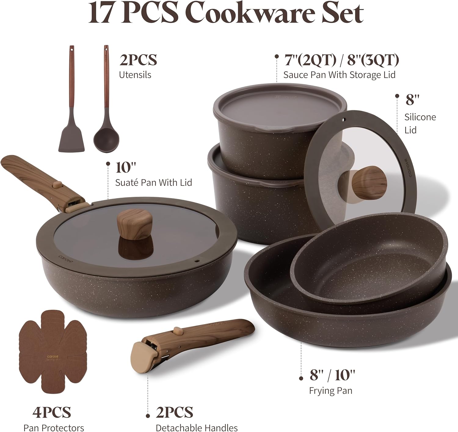 CAROTE Pots and Pans Set Non Stick with Detachable Handle, Nonstick Cookware Sets, Cooking Kitchen Set, Oven/Dishwasher Safe, Induction Cookware, Brown, RV Kitchen Pot and Pan