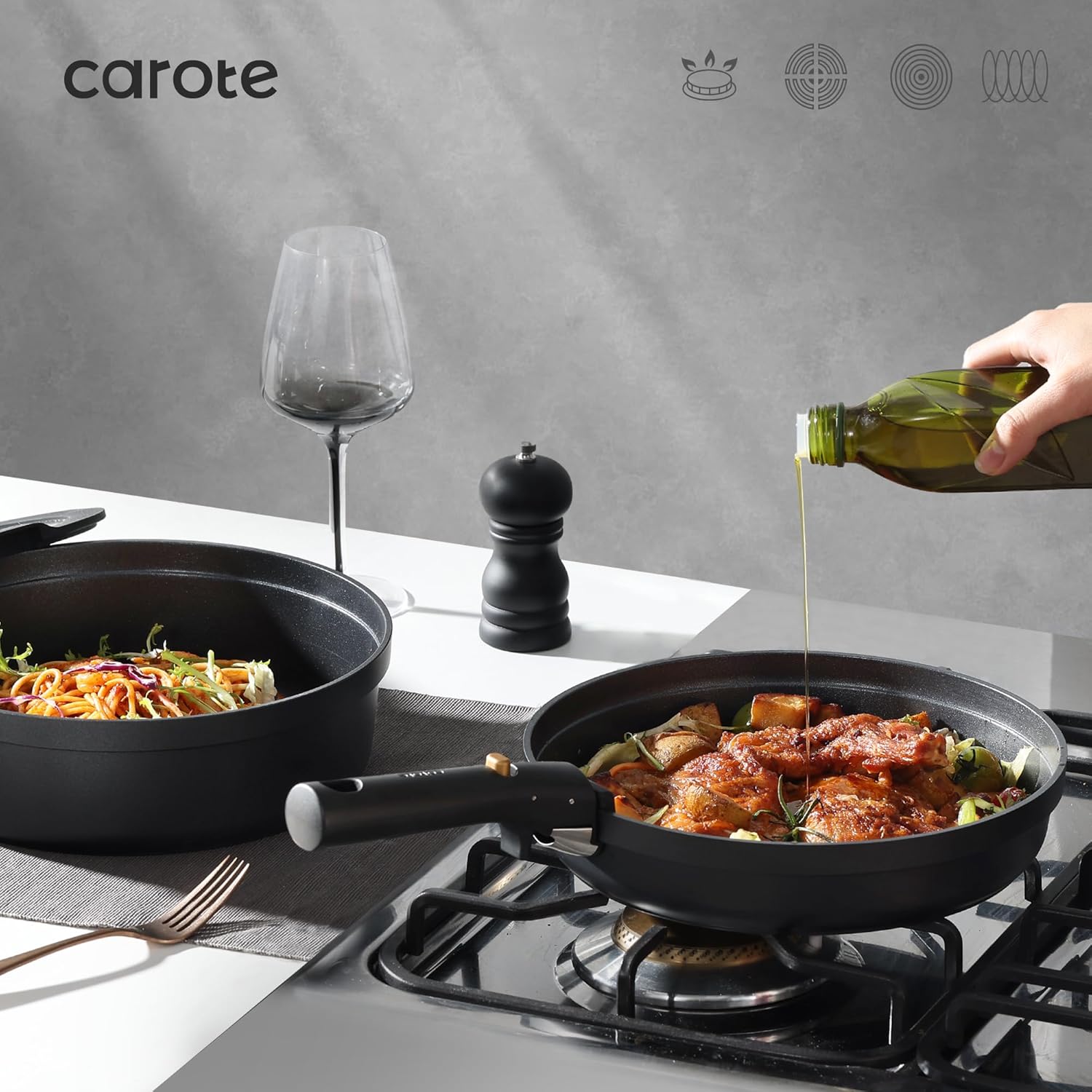 CAROTE Pots and Pans Set Non Stick, Nonstick Cookware Set, Dishwasher/Oven/Fridge Safe Pots and Pans, Removable Handle RV Oven Safe Cookware, Induction Kitchen Set, Black
