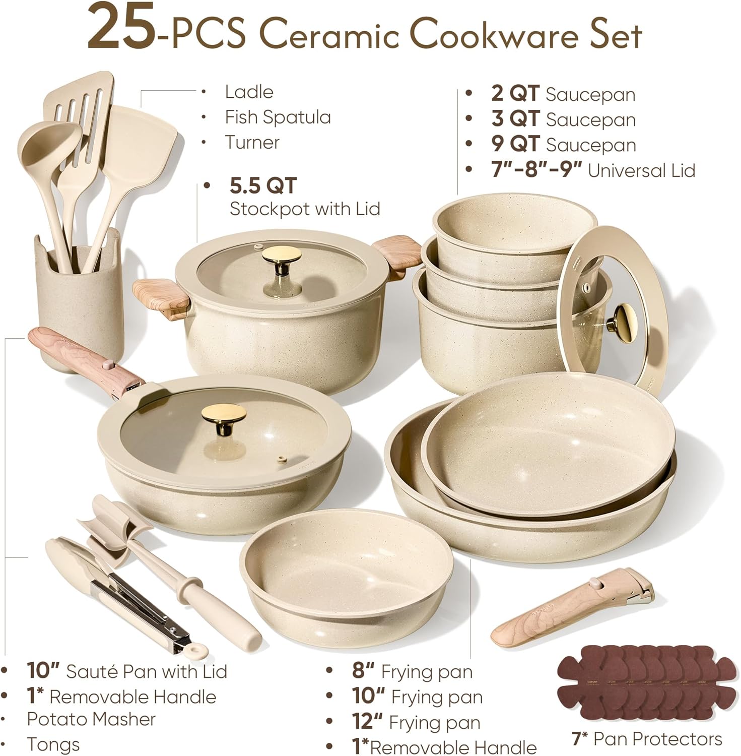 CAROTE Ceramic Cookware Set, Pots and Pans set Non Stick, RV Kitchen Cooking Set Removable Handles, Oven Safe, Induction Cookware, Non-toxic Kitchen Cooking Set, PFAS and PFOA Free