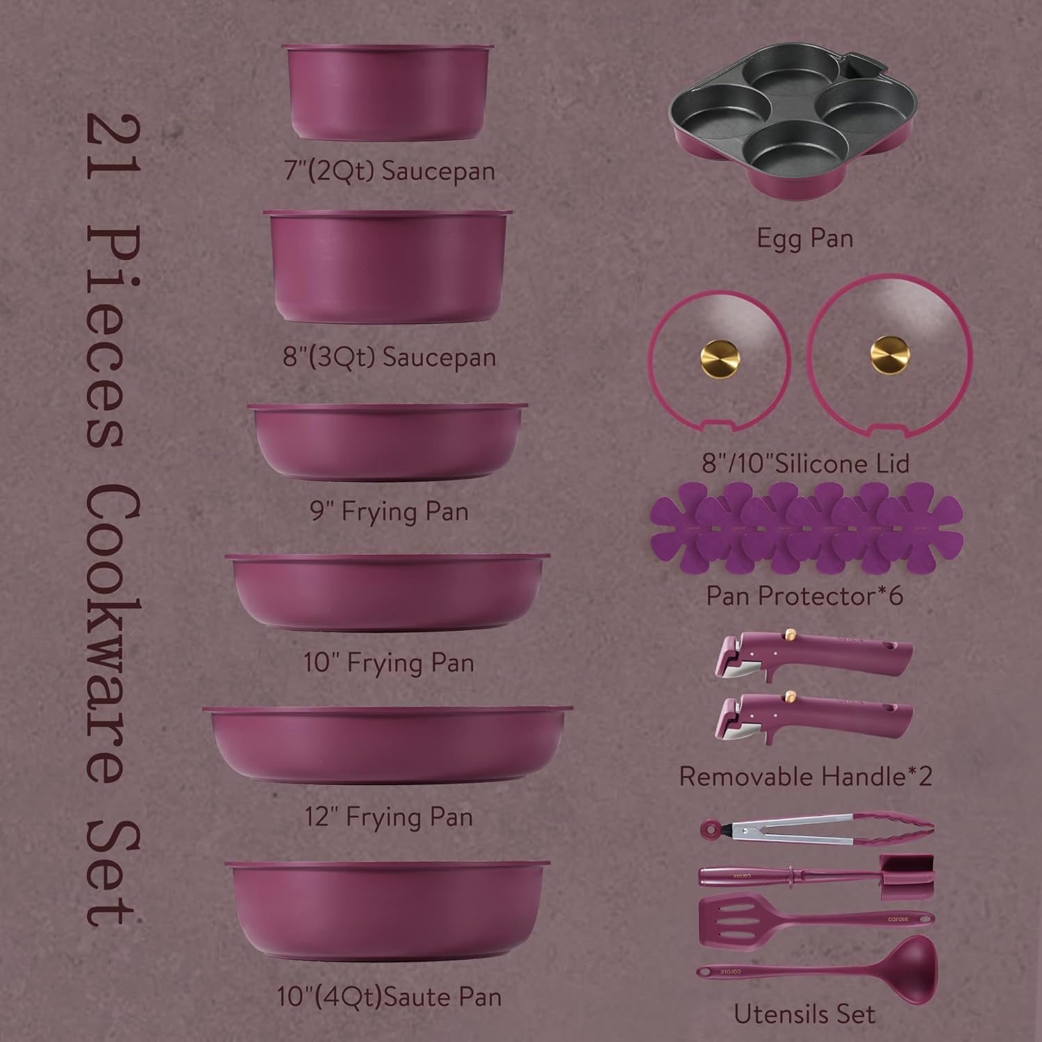 CAROTE 21pcs Pots and Pans Set, Nonstick Cookware Set Detachable Handle, Induction Kitchen Cookware Sets Non Stick with Removable Handle, RV Cookware Set, Gold and Purple