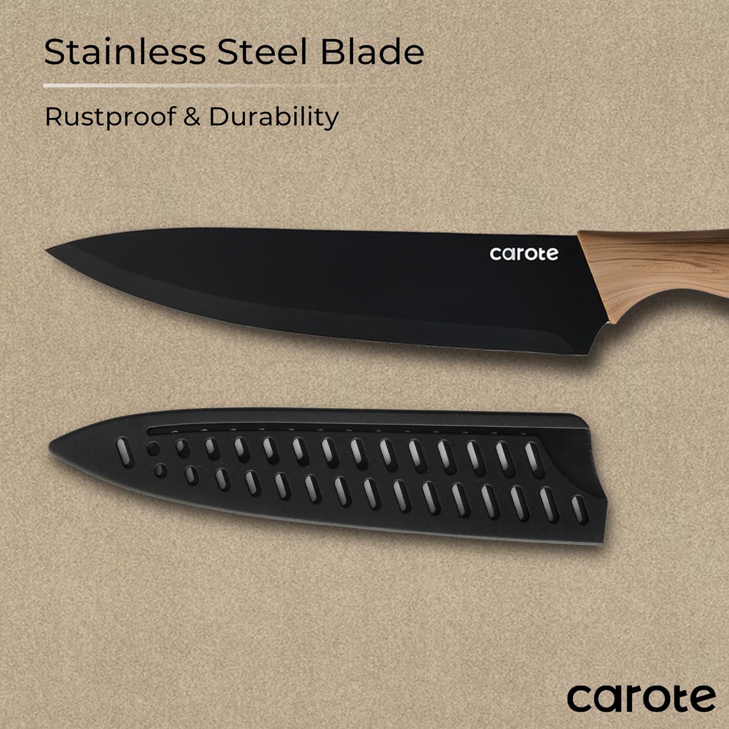 CAROTE 12PCS Knife Set, Stainless Steel Kitchen Knife Set with Nonstick Ceramic Coating, 6 Knives with Blade Guards