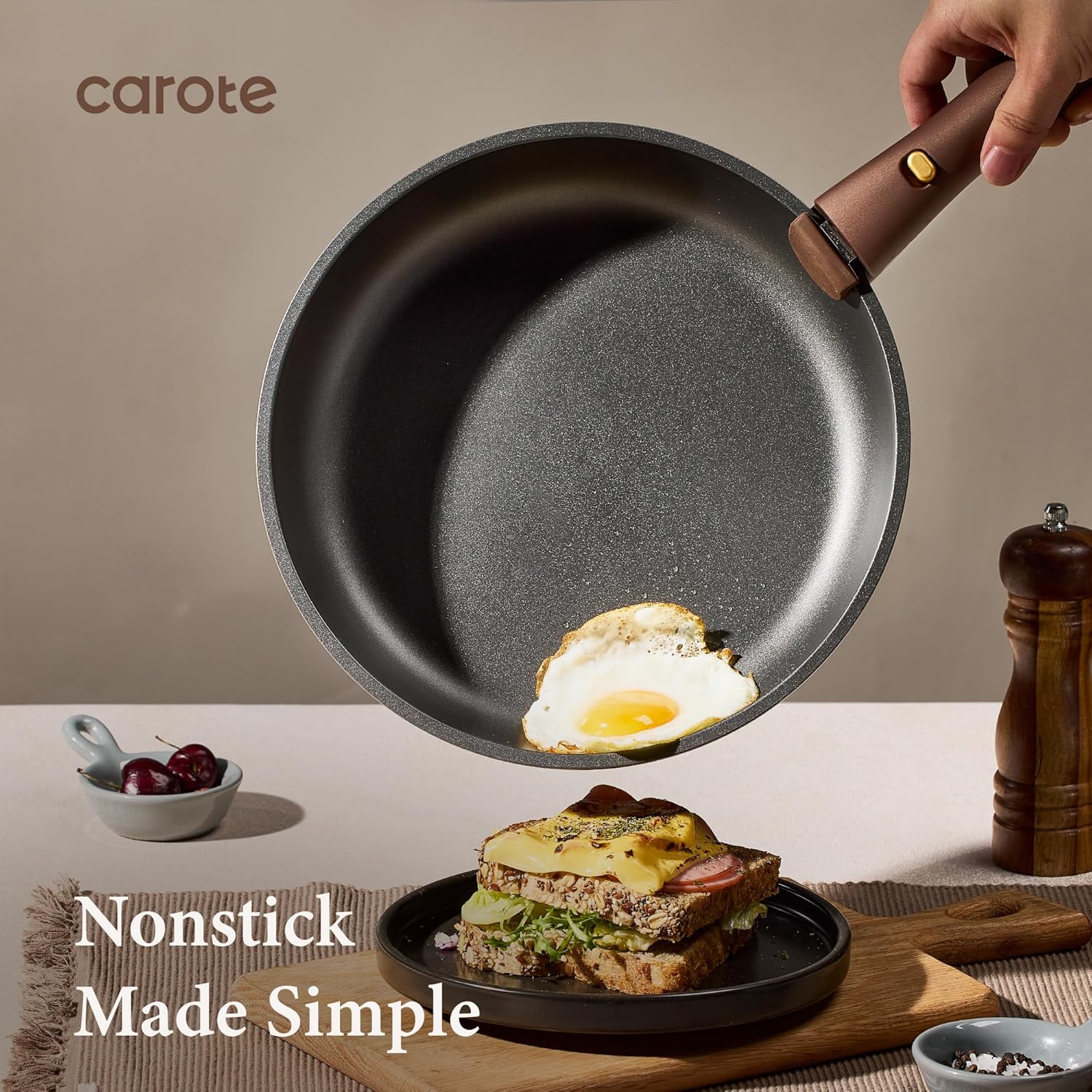 CAROTE Pots and Pans Set, Nonstick Cookware Set Detachable Handle, Induction Kitchen Cookware Sets Non Stick with Removable Handle, RV Cookware Set, Oven Safe, Brown