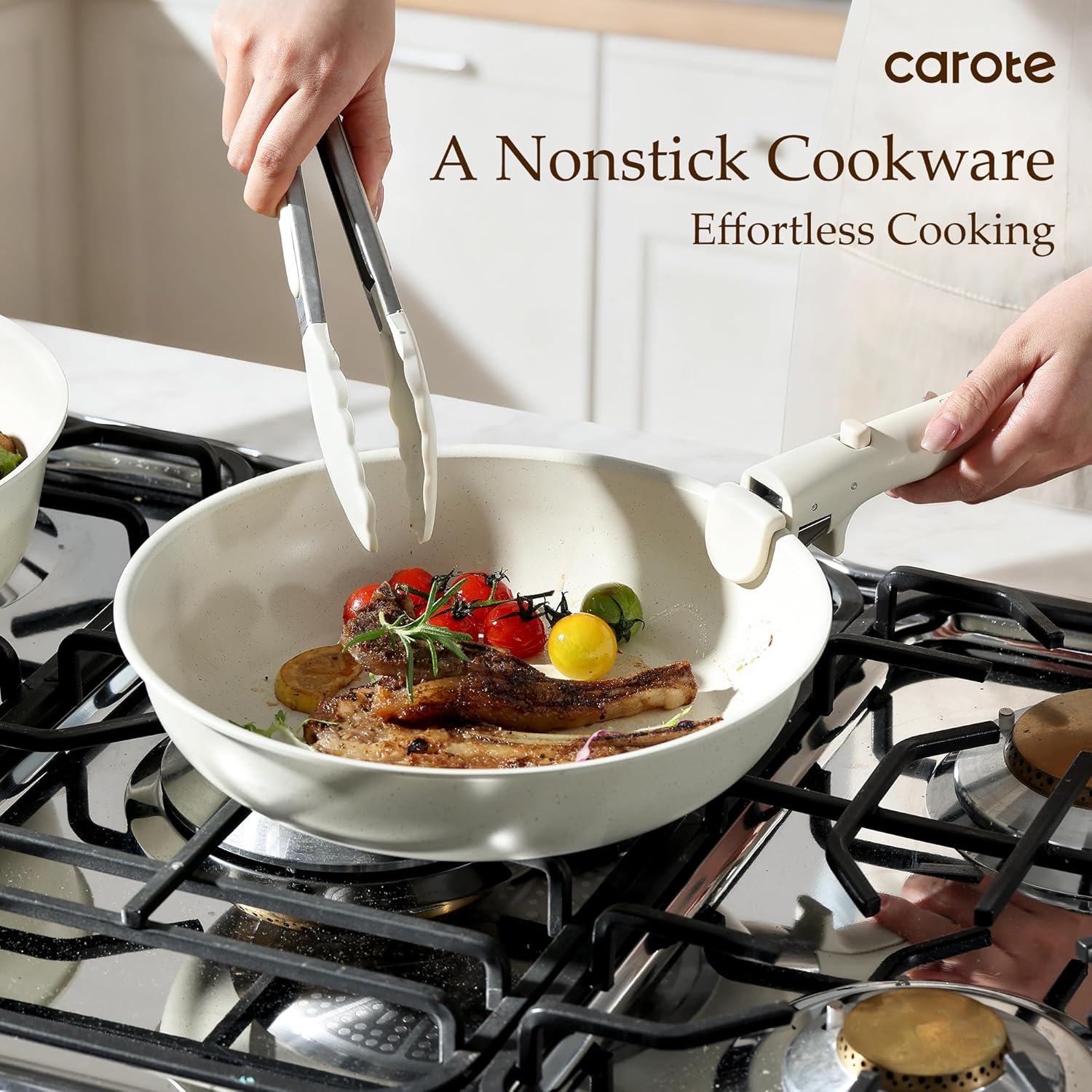 CAROTE 19pcs Pots and Pans Set Non Stick, Nonstick Cookware Set Detachable Handle, Induction Kitchen Cooking Sets with Removable Handle, RV Kitchen, Oven Safe, Taupe