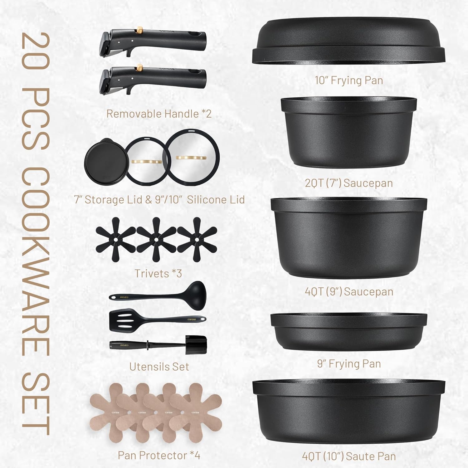 CAROTE Pots and Pans Set Non Stick, Nonstick Cookware Set, Dishwasher/Oven/Fridge Safe Pots and Pans, Removable Handle RV Oven Safe Cookware, Induction Kitchen Set, Black