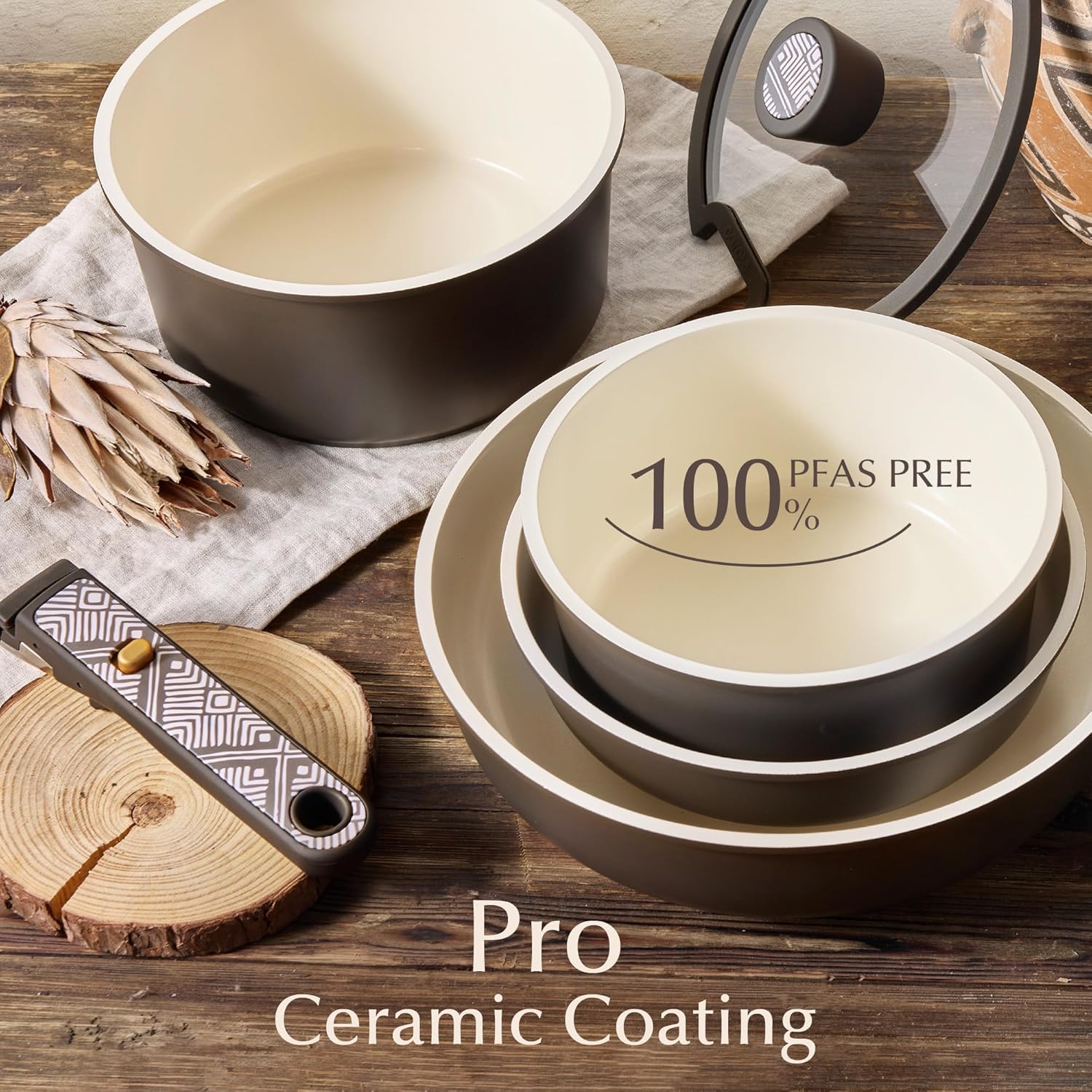 CAROTE 21-Piece Ceramic Cookware Set, Nonstick Pots and Pans Set with Detachable Handle, Non-Toxic Kitchen Cooking Set, Induction Compatible, Dishwasher & Oven Safe, Charcoal